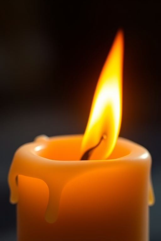 Create an image of a burning candle with vibrant flames and melting wax, photographed in macro mode, using a DSLR camera at f/2.8 for shallow depth of field, ISO 200, and a shutter speed of 1/125 sec, with natural lighting to enhance warmth and detail.