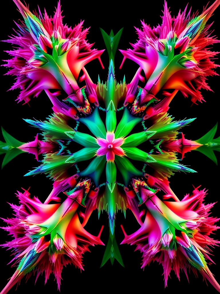 Create a high-resolution abstract fractal design featuring vibrant colors like pink, green, blue, and orange with sharp, spiky structures on a black background, captured with a Canon EOS R, using a 50mm lens, at f/1.8 aperture, ISO 100, and a 1/200s shutter speed.