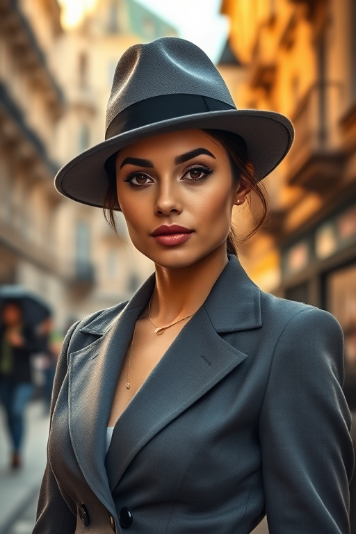 Portrait of a confident woman in a stylish gray hat and suit, set in a bustling city street with vintage architecture, taken with a Canon EOS R5, 85mm lens, f/1.8 aperture, ISO 100, soft depth of field, golden hour lighting, high dynamic range.