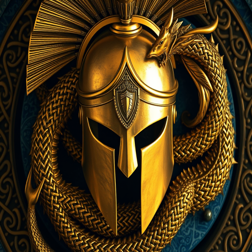 create a highly detailed image of a golden Spartan helmet entwined with a dragon, with intricate Celtic patterns, shot with a Canon EOS R5, 50mm f/1.8 lens, aperture set to f/2.8, ISO 100, and a top-down view with soft lighting for enhanced contrasts.