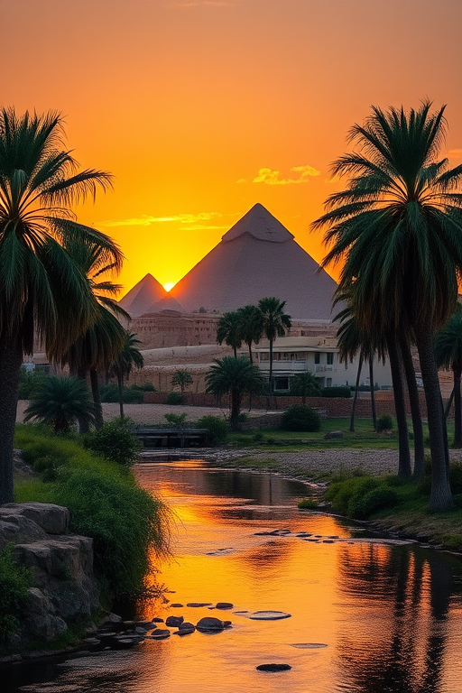 Create a vibrant sunset landscape featuring the pyramids of Giza, surrounded by lush palm trees, with a calm river in the foreground, using a DSLR camera, 24mm lens, f/11 aperture, ISO 100, and a golden hour lighting to enhance image quality and detail.
