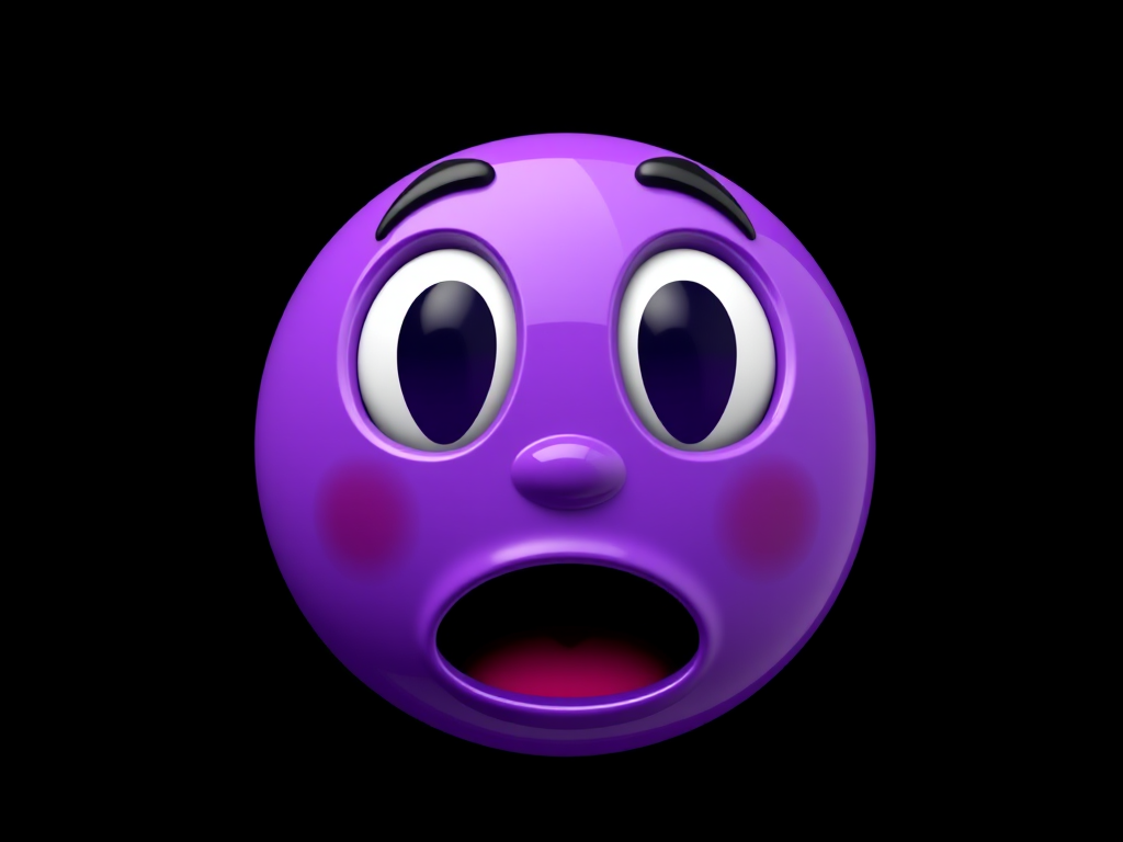 Create a 3D illustration of a glossy purple emoji face with wide open eyes and a surprised mouth on a solid black background, using a Canon EOS 5D Mark IV with a 50mm lens at f/1.8, ISO 100, and natural lighting to capture vibrant colors and smooth gradients.