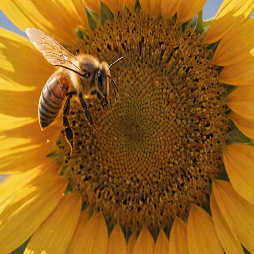 Sharp, high-resolution close-up of a honeybee collecting nectar from a sunflower, soft sunlight reflecting off the petals, tiny details of the bee's wings visible, and the smell of fresh blooms filling the air.