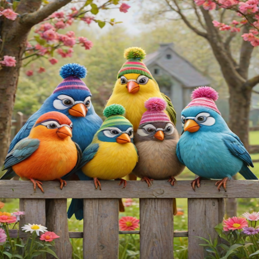 create a scene of 4 quirky  whimsical colourful comical birds each with a funny expression. they are sat on a wooden fence with colourful flowers. they are all different sizes. each one is a different colour  one is wearing a woolly hat. Each one has a different quirky google expression and there is a muted background of trees watercolour paintierly style high definition 8k resolution 3D paper mache