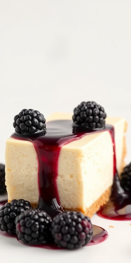 Create an image of a slice of cheesecake with a creamy white filling and a crumbly golden crust topped with a glossy blackberry sauce and fresh blackberries arranged on top against a light background.
