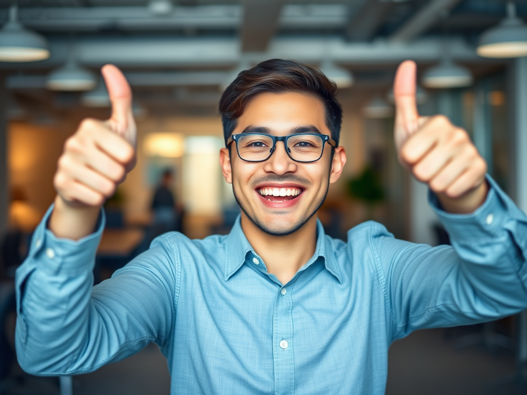 A cheerful person giving two thumbs up in a well-lit office with soft focus background, aperture f/2.8, shutter speed 1/60 sec, ISO 100, shot with a DSLR camera in portrait mode.