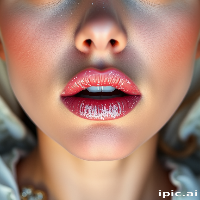 Angelic woman lips enhanced with frosted white shimmer, full face capture evoking ethereal beauty and celestial grace