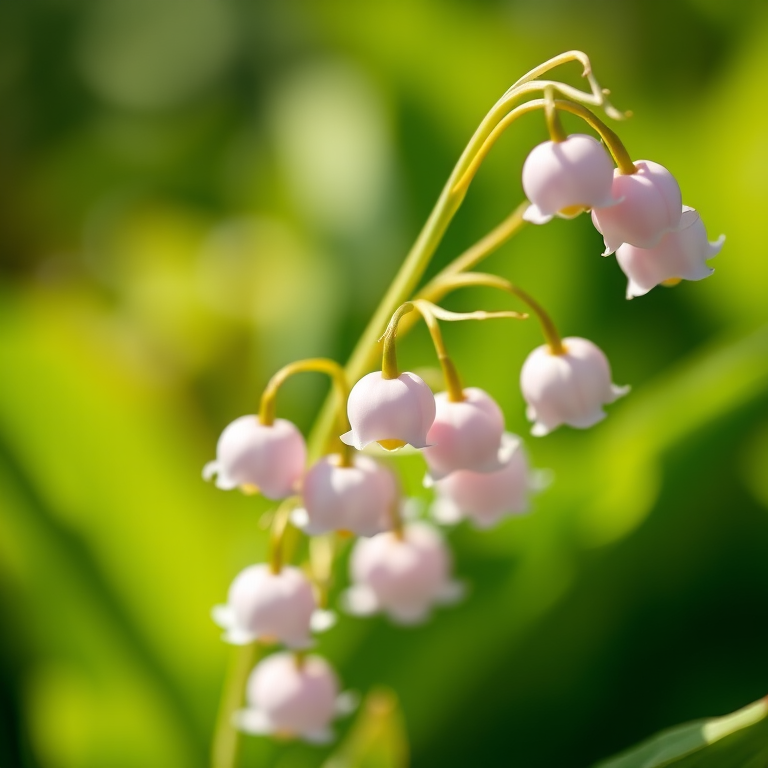 create a close-up shot of delicate pink lilies of the valley flowers in soft natural light, using a DSLR camera with a 50mm lens, aperture set to f/2.8 for a shallow depth of field, ISO 100 for clarity, and a shutter speed of 1/200s to capture detail in the petals against a blurred green background.