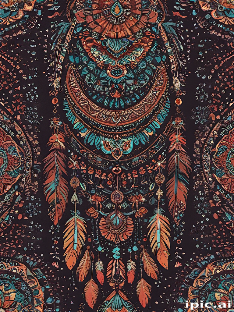 Intricate Bohemian Pattern with Colorful Feathers and Geometric Designs