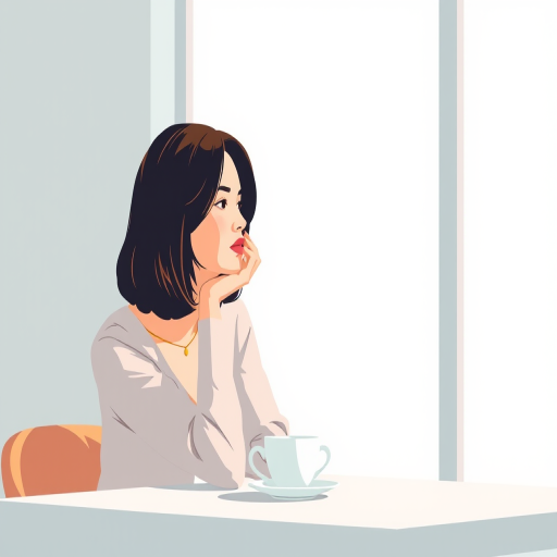 Create a minimalist illustration of a woman with shoulder-length hair resting her chin on her hand while sitting at a table with a cup, using a soft pastel color palette, shot in natural light, with a shallow depth of field, capturing the scene using a DSLR camera set to f/2.8, ISO 100, 50mm lens.