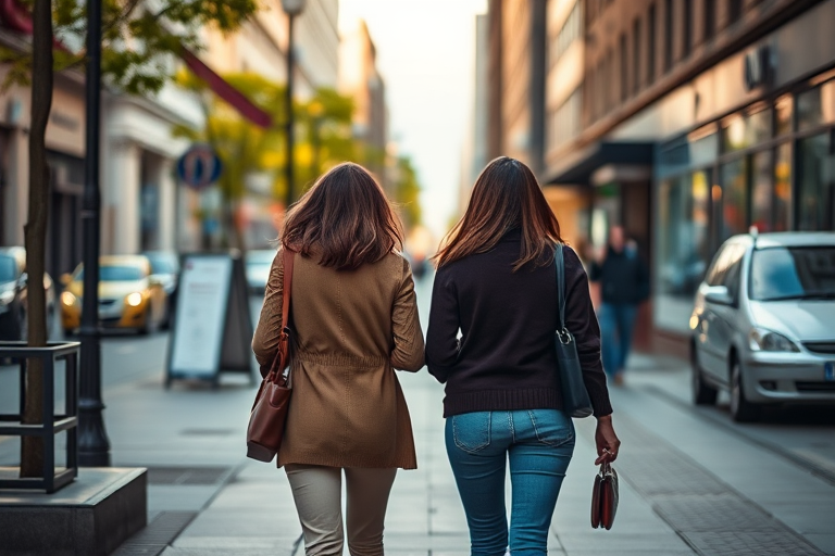 regenerate the image of two women walking on a city sidewalk during the day, with a shallow depth of field, using a Canon EOS R5, f/2.8 aperture, ISO 200, focal length 50mm, capturing a candid street photography style in natural light