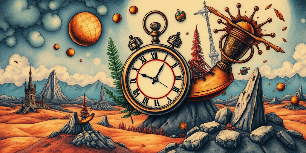 Surrealist tattoo named "Dreamscape Fusion" blending elements of nature and technology in a mind-bending composition with Salvador Dali-inspired melting clocks and floating objects in a otherworldly landscape