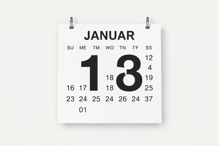 Create a digital illustration of a calendar page displaying January with clear, bold numbers, set against a neutral background, using a realistic 50mm lens, aperture f/2.8, ISO 100, with a soft focus effect to enhance details.
