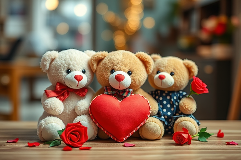 Teddy bears, plush toys, heart-shaped pillow, romantic setup, wooden surface, bokeh background, artificial flowers, red rose, polka dot dress, plaid shirt, indoor setting, love concept, Valentine's Day theme, soft focus, vibrant colors, shallow depth of field, gift idea, cute, affection, couple, toy photography.