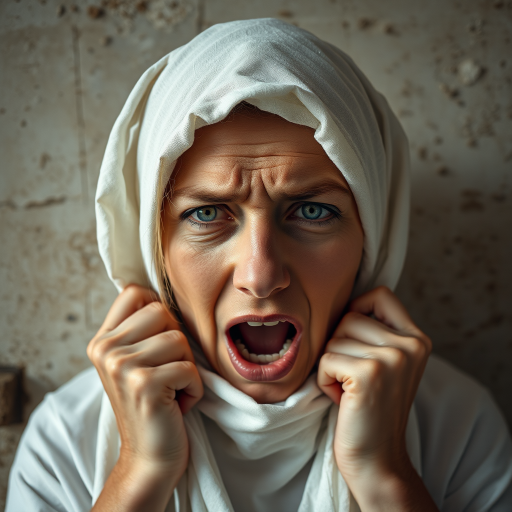 Create a close-up photographic image of a Turkmen woman with light skin tones shown against an old, worn wall. Their head is wrapped in a white cloth covering (i.e.... parts of the head except the nose and mouth, which are open as if they are screaming...), with a slight texture and visible folds in the fabric. Thin strands of blonde hair escape from the wrapping above, falling lightly at the top and sides. Their hands hold the fabric as if they are tugging nervously. The lighting is dramatic and even, casting strong shadows. The image has a minimalist and surreal style with an emphasis on simplicity with soft color tones. The composition is centered.