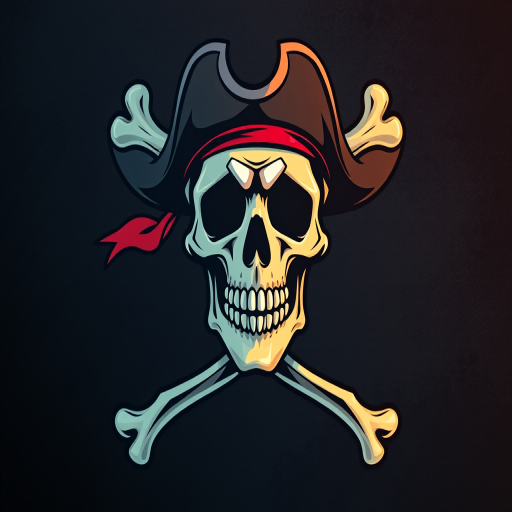 Create a high-resolution digital illustration of a stylized pirate skull and crossbones, using a Canon EOS R camera with a 50mm lens at f/1.8, ISO 100, set against a dark textured background for contrast, capturing vibrant colors and sharp details.