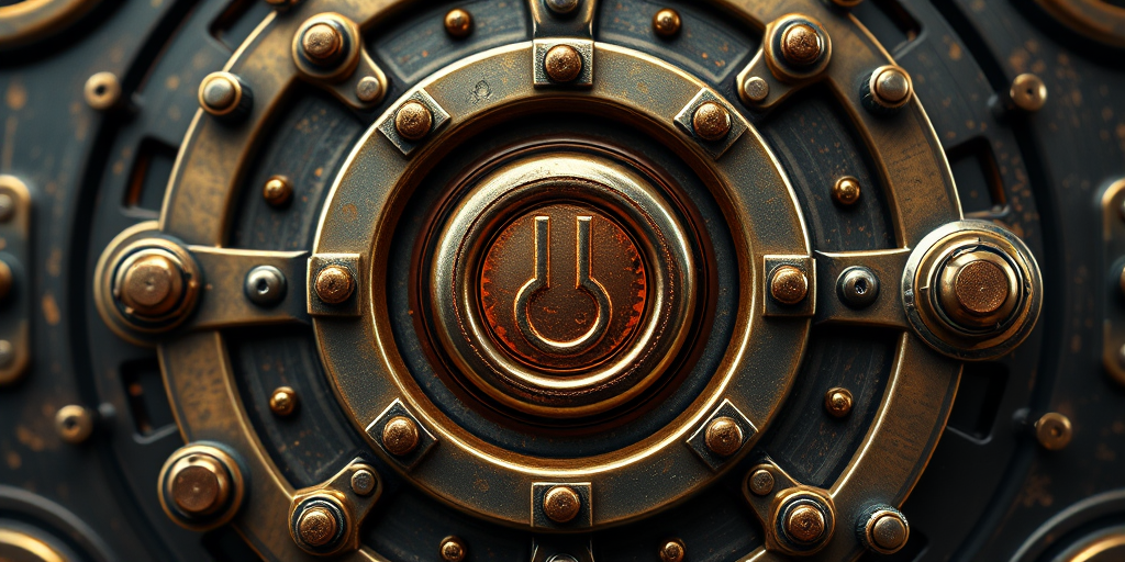 Create a highly detailed digital illustration of a steampunk-themed power button encased in ornate brass and copper machinery, using 4K resolution, a 50mm lens, f/2.8 aperture, and soft studio lighting to enhance depth and texture.