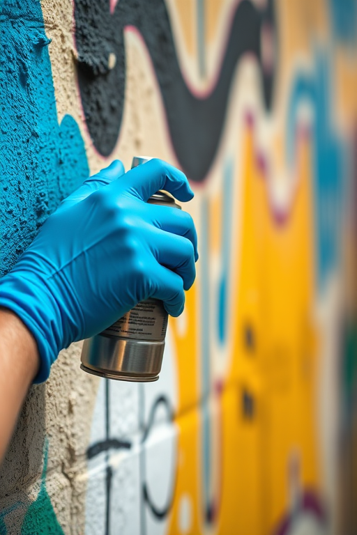 Create an image of a person applying blue spray paint to a textured wall with their hand wearing a blue glove, showcasing vibrant colors and details, taken with a 50mm lens at f/1.8, ISO 200, 1/500 sec, in natural light with a shallow depth of field to enhance the focus on the spray can and hand.