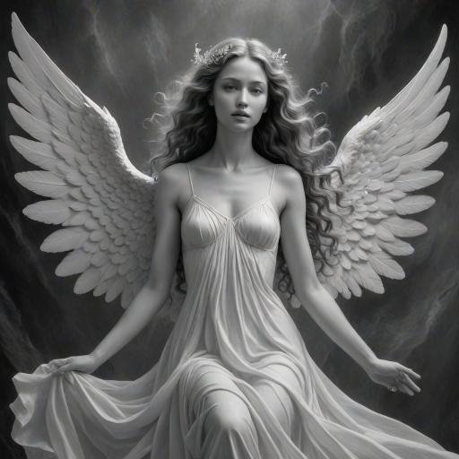 An angel, crafted in the unique style of Folk Art, as she unfolds herself against an ethereal backdrop, her wings softly billowing, face radiating a heavenly glow, every curl in her strikingly serene countenance finely brushed, monochrome, detailed techniques, ultra fine, breathtaking surreal masterpiece