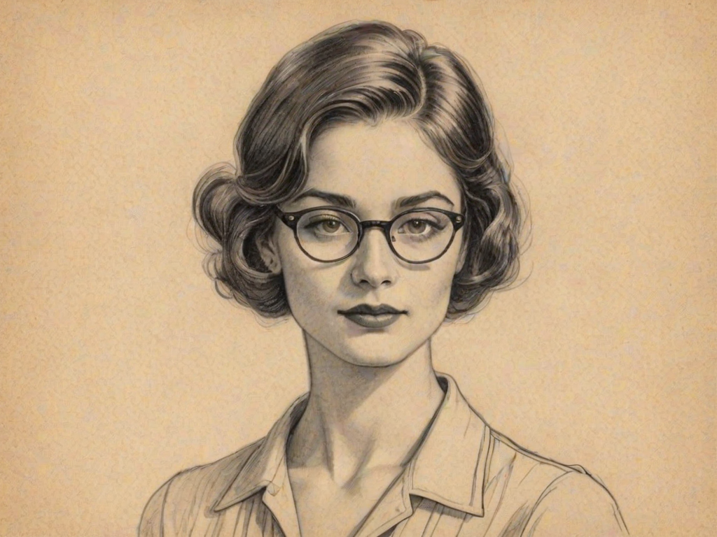 Enchanting Emily Robinson, pencil sketch, portrait of Resplendent woman 1928s in glasses, hair style beatnik, outline, clear lines, fine lines, 8k