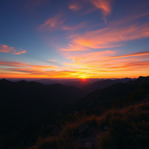 Capture a high-resolution image of a sunset over a mountain range, using a DSLR camera, 50mm lens, aperture of f/2.8, shutter speed of 1/125s, and ISO 100, with a wide-angle view to enhance depth and vibrancy in the colors.