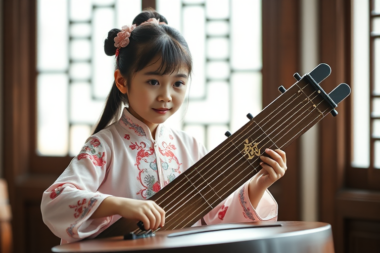 portrait of a young girl playing a guzheng instrument in traditional clothing, soft natural light, window backdrop, aperture f/2.8, shutter speed 1/60s, ISO 200, Canon EOS R, 50mm lens, shallow depth of field