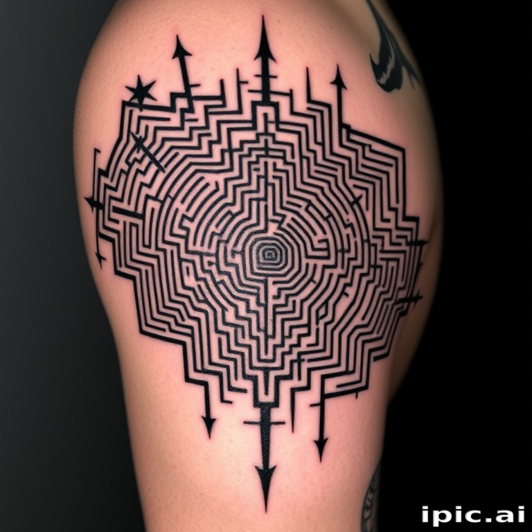 Intricate blackwork tattoo called "Shadow Labyrinth" showcasing a complex maze-like pattern with bold lines and geometric shapes, creating an optical illusion effect that appears to shift and move