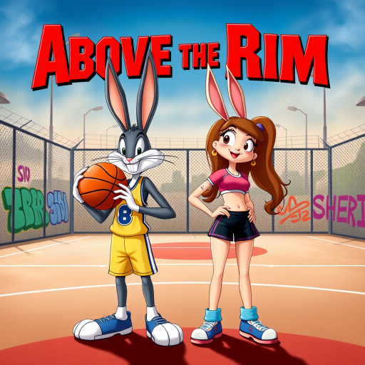 Design an Above the Rim poster featuring Bugs Bunny as Kyle and Lola Bunny as Shep. Bugs is dressed in a basketball jersey and shorts, holding a basketball with a confident expression, while Lola stands beside him in athletic gear, looking determined. The background features an urban basketball court with a wire fence, streetlights, and graffiti. The title "Above the Rim" appears in bold red letters at the top, keeping the original street basketball vibe