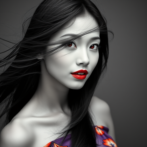 Photographic image of a beautiful young Singaporean woman, red eyes, lips with red lipstick, long hair fluttering in the wind and wearing a silk strapless dress with a soft purple and orange print. monochrome image with only color highlights in the iris of the eyes, lipstick and dress. Gray background.