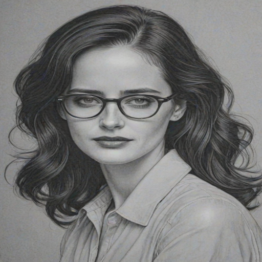 Fascinating Eva Green, pencil sketch, portrait of Wonderful woman 1945s in glasses, hair style beatnik, outline, clear lines, fine lines, 8k