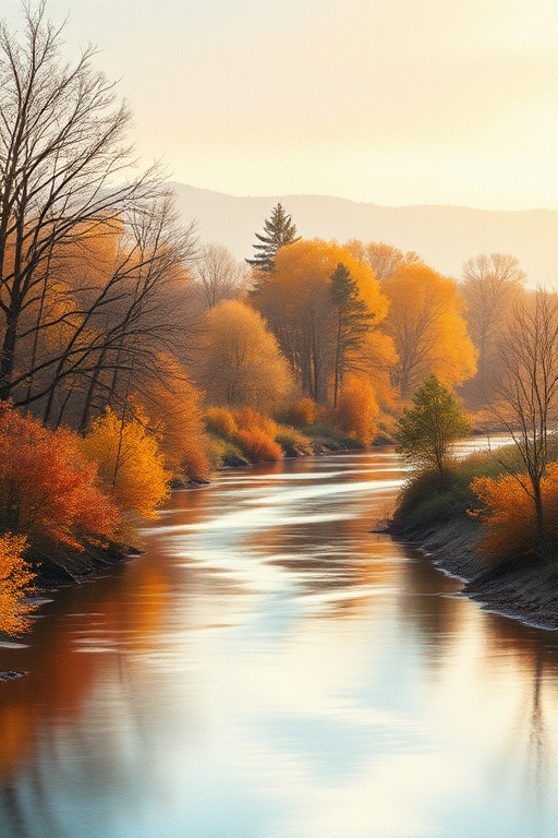landscape painting of a serene river with autumn trees and soft colors, Nikon D850, 50mm lens, f/1.8, ISO 100, golden hour lighting, shallow depth of field, watercolor style