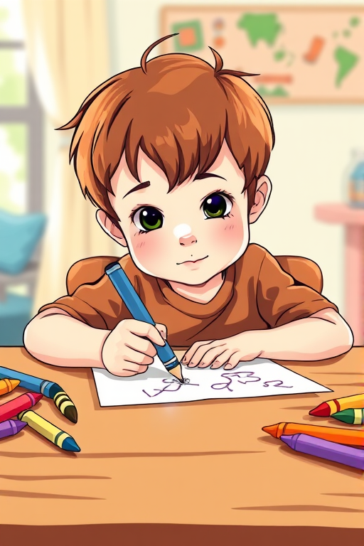 Create a bright, colorful illustration of a young boy with short brown hair sitting at a wooden table, drawing on a piece of paper with a blue crayon, surrounded by various colored crayons, using a vector art style, high resolution, 300 DPI, shot in a well-lit indoor setting, with a slight overhead angle to capture the scene clearly.