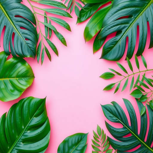 Create a vibrant illustration of tropical leaves arranged around a blank pink background, using a DSLR camera with a 50mm lens, aperture set to f/2.8 for shallow depth of field, and a top-down view for emphasis on leaf textures.