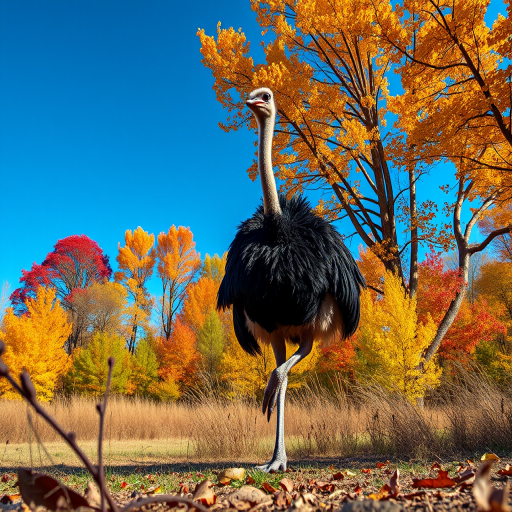 A tall ostrich walking through a colorful autumn landscape with vibrant trees and a blue sky, captured with a Canon EOS R5, 50mm lens, f/2.8 aperture, ISO 100, natural lighting, low angle view for enhanced perspective, vibrant colors and sharp details.