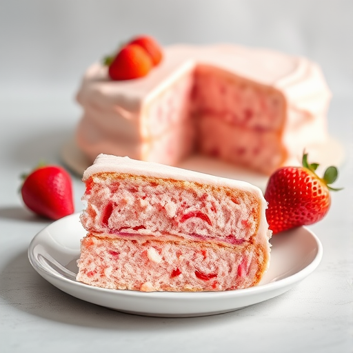 A slice of pink strawberry cake on a white plate with a fresh strawberry on the side and a background of the whole cake with a light grey surface and soft natural lighting.