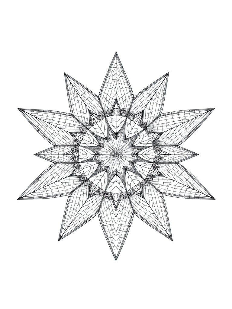 Generate a high-resolution 3D wireframe mesh pattern resembling a star shape with sharp points, captured with a DSLR camera, using a 50mm lens at f/8 aperture, ISO 100, and a shutter speed of 1/250s, in a clean white background for contrast.