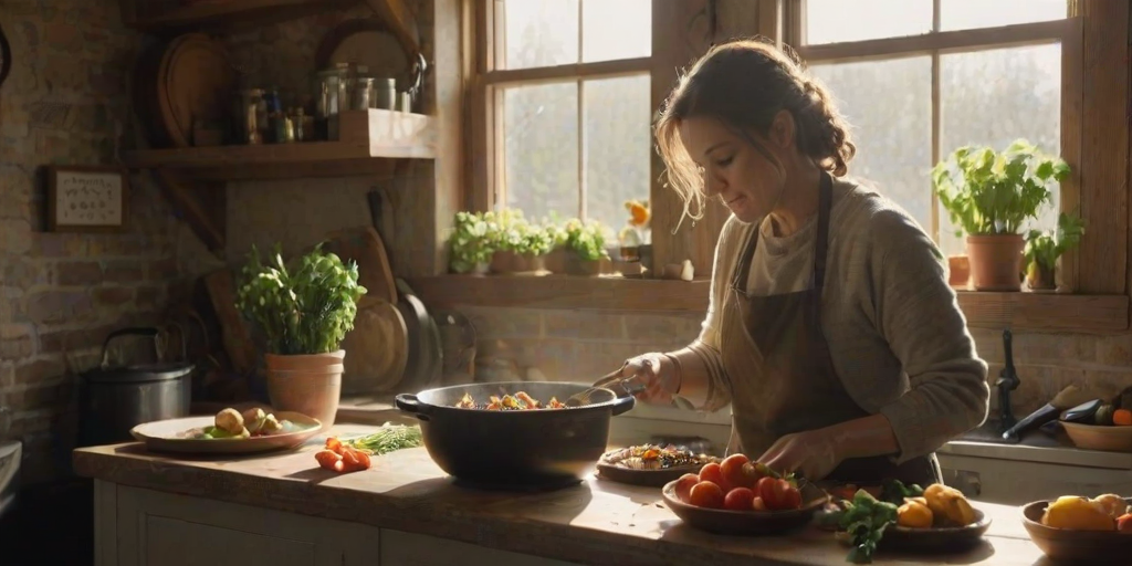 Rustic farmhouse kitchen, with fresh vegetables on the counter, a woman cooking a hearty stew, and sunlight streaming through the window, creating a cozy ambiance.