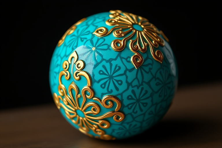 Generate a high-resolution image of a spherical object featuring intricate turquoise patterns and glossy golden filigree, using a DSLR camera with a 50mm lens, f/1.8 aperture, ISO 100, and a soft diffused lighting setup to enhance reflections and details.