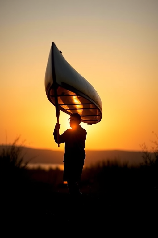 Create a silhouette of a person carrying a canoe, shot with a Canon EOS R5, f/8 aperture, 1/500 sec shutter speed, ISO 100, from a low-angle perspective, emphasizing the height and shape of the canoe against a clear sunset background.