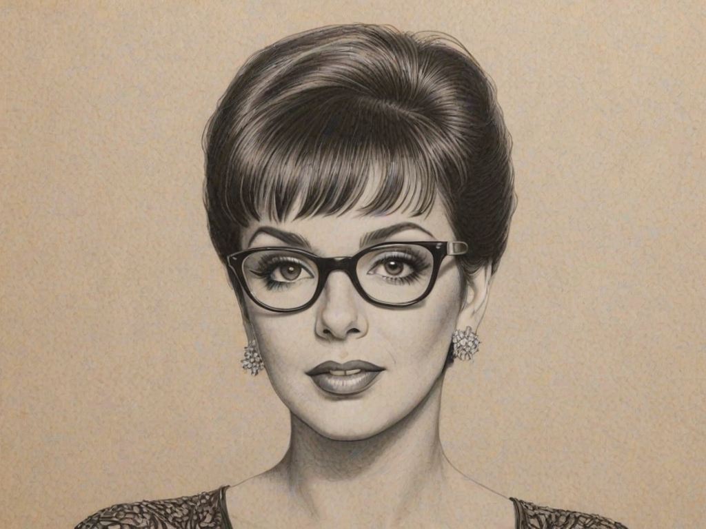 Alluring Liza Minnelli, pencil sketch, portrait of Alluring woman 1940s in glasses, hair style beatnik, outline, clear lines, fine lines, 8k