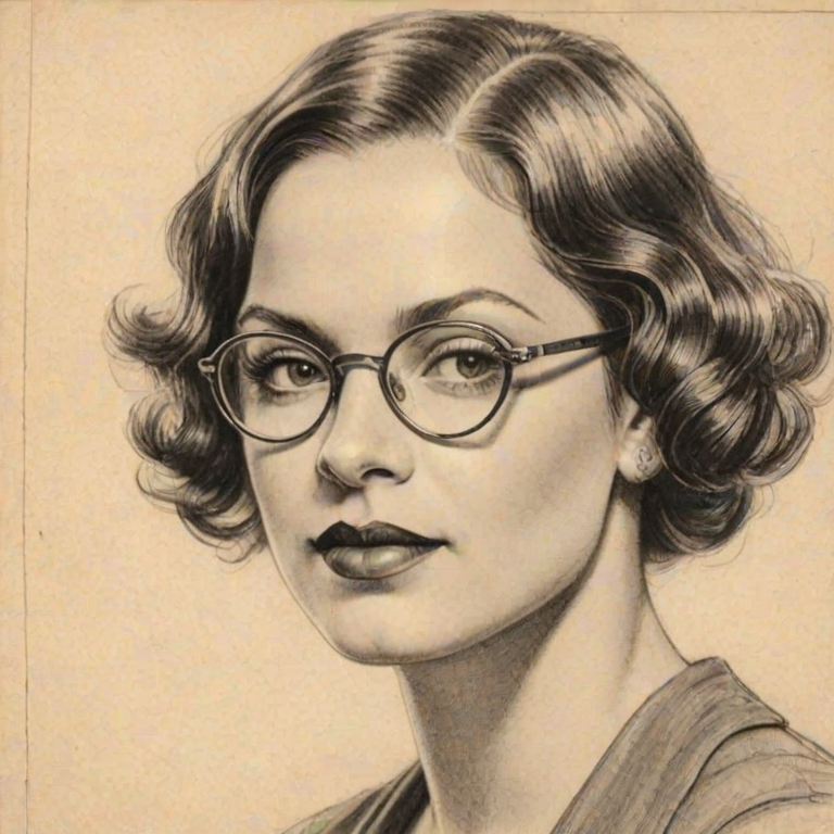 Magnificent Mo'Nique, pencil sketch, portrait of Fetching woman 1928s in glasses, hair style beatnik, outline, clear lines, fine lines, 8k