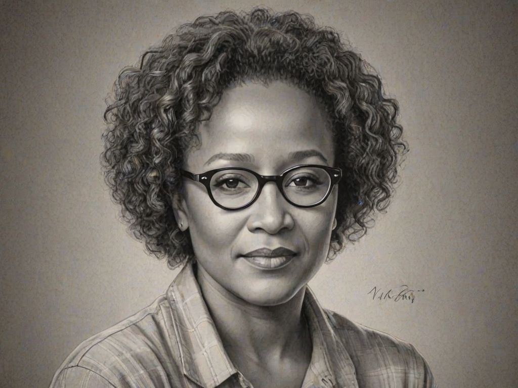 Charming Wanda Sykes, pencil sketch, portrait of Charming woman 1928s in glasses, hair style beatnik, outline, clear lines, fine lines, 8k