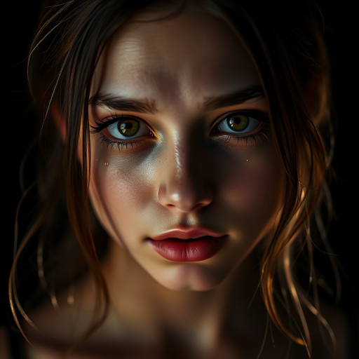 Portrait of a young woman with tears streaming down her face, captured in dramatic lighting against a black background, using a Canon EOS R5, 85mm lens, aperture f/1.4, ISO 100, shutter speed 1/125s, soft focus style.