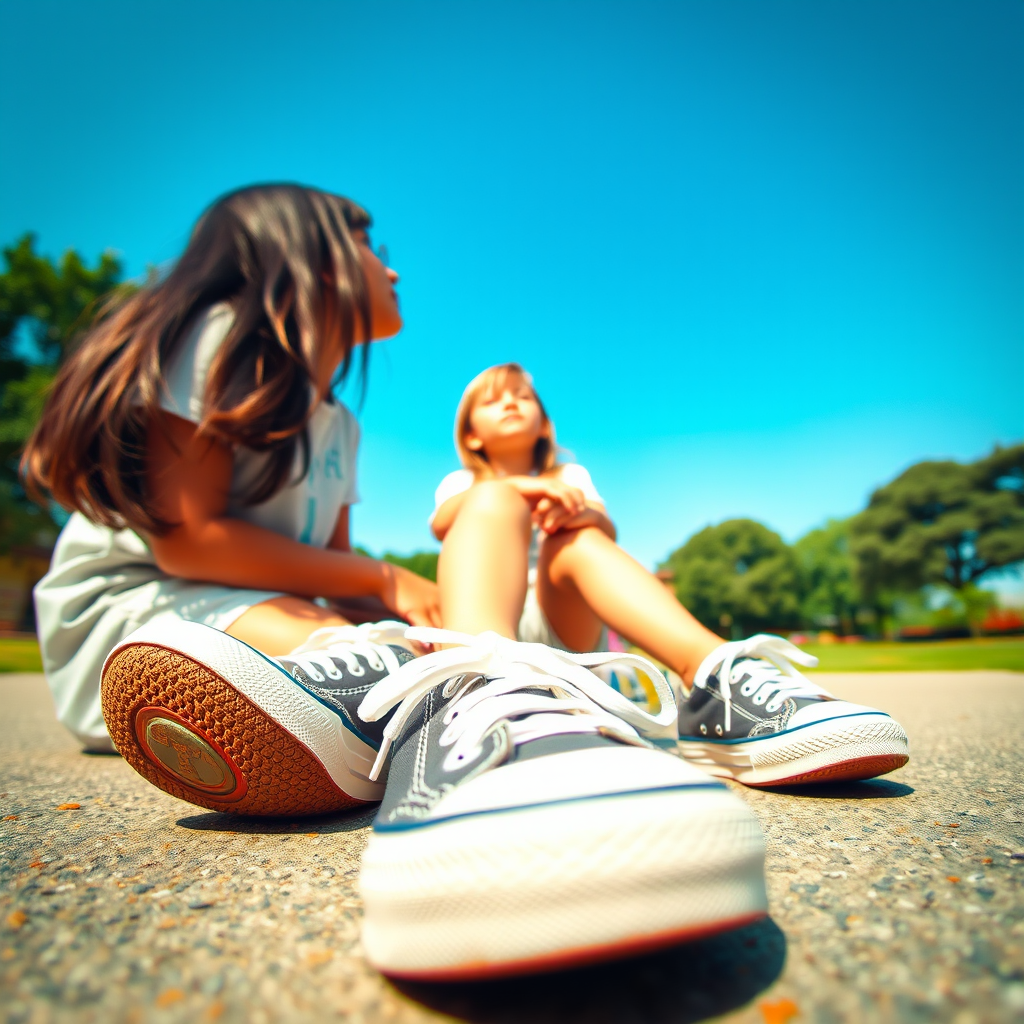 Generate an ultra-realistic, highly detailed, high-definition photograph. It's a photo of a girl sitting on the floor. She's looking at the horizon. The photo is taken from the bottom up, at ground level. The girl's sneakers are in the foreground, in the center of the scene. The girl is wearing light clothes, a t-shirt and short shorts. The sky is blue. Bright environment. The background is a blurred image of a park.