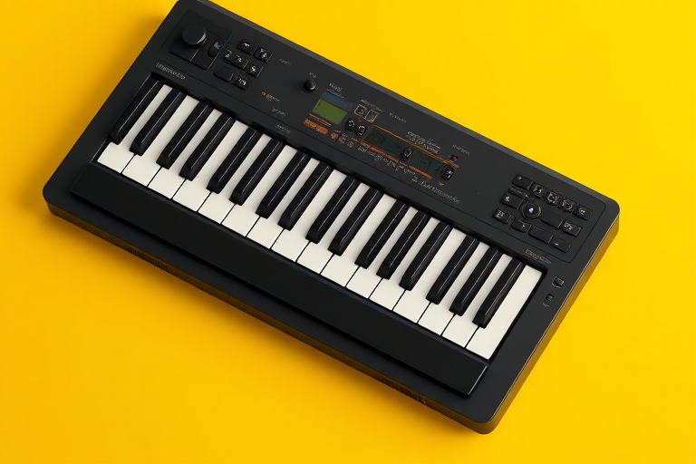 3D rendering of a digital keyboard on a solid yellow background, soft lighting, top-down view, DSLR camera, ISO 100, f/8 aperture, 50mm lens.