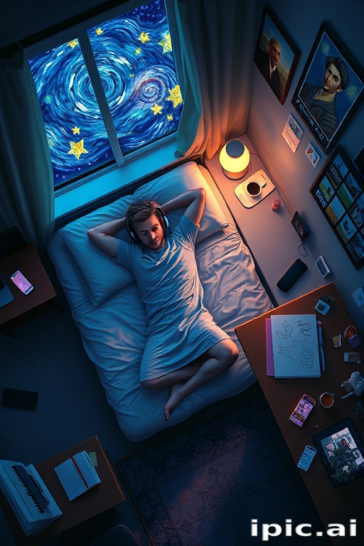 A top-down Van Gogh-style painting of a young man lying on his bed, listening to music with headphones. The room is softly lit with deep blues and purples, creating a peaceful nighttime atmosphere. The bed has a soft pillow, and the man's arms are resting behind his head. Around the bed, various glowing gadgets such as a smartphone, a laptop, and a small lamp are visible, casting a gentle light. The rest of the bedroom includes a desk with books, a chair, and a small rug on the floor. A window near the bed reveals a starry night sky with swirling stars, reminiscent of Van Gogh's 'Starry Night.' On the desk, there is a sketchbook with colorful drawings, a cup of coffee steaming gently, and a small potted plant. The walls have posters of famous paintings and a corkboard with pinned notes and photos. The scene is full of dynamic, swirling brushstrokes, capturing the essence of Van Gogh's unique style. The overall mood is serene and contemplative, with a touch of artistic inspiration.