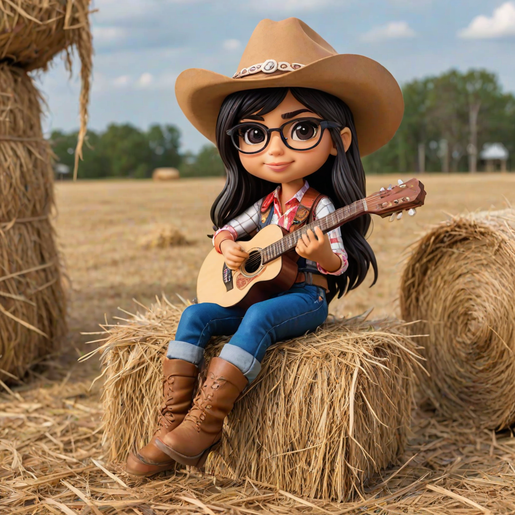 A chibi mia khalifa, dressed as a cowboy, playing guitar, sitting on a hay bale