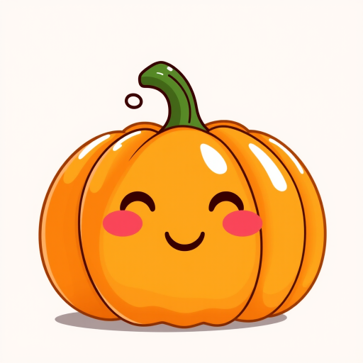 Create a kawaii-style pumpkin with a cheerful, happy face and rosy cheeks. The pumpkin should be vibrant orange with a shiny texture. Design it to be cute and playful, ideal for a light-hearted Halloween or autumn theme, with a simple and whimsical expression.