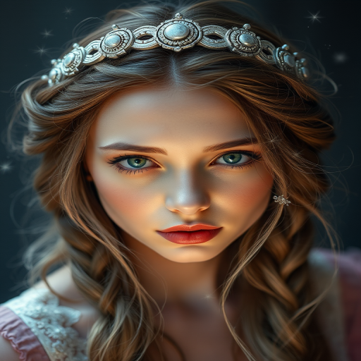 Mystical moonlight silver halo braid crown with ethereal wisps framing the face, adorned with delicate celestial hair accessories