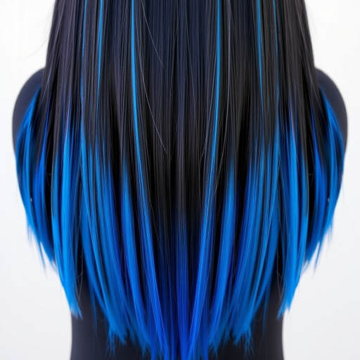 Striking jet black hair with electric blue tips dubbed "Midnight Lightning," falls in a pin-straight curtain from roots to waist, featuring a dramatic contrast between the dark base and vivid ends, exuding an air of mystery and edginess
